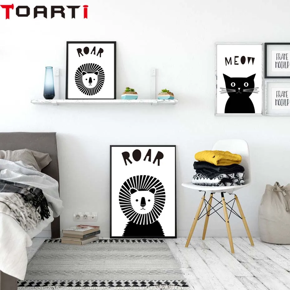 Cartoon Animals Black&ampWhite Poster&ampPrint For Kids Bedroom Wall Painting Modern Canvas Picture Home Goods Chart Decoration | Дом и сад