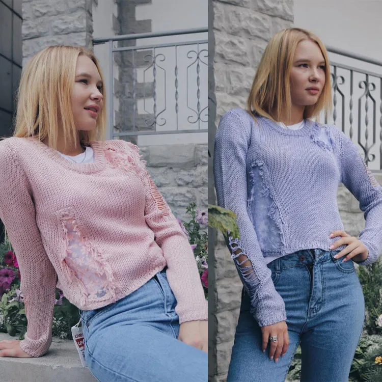 

2020 Pullover Limited Polyester Casual O-neck Full New Women's Sweater Hollow Hole Hair Knit Stitching Mesh Long-sleeved Women