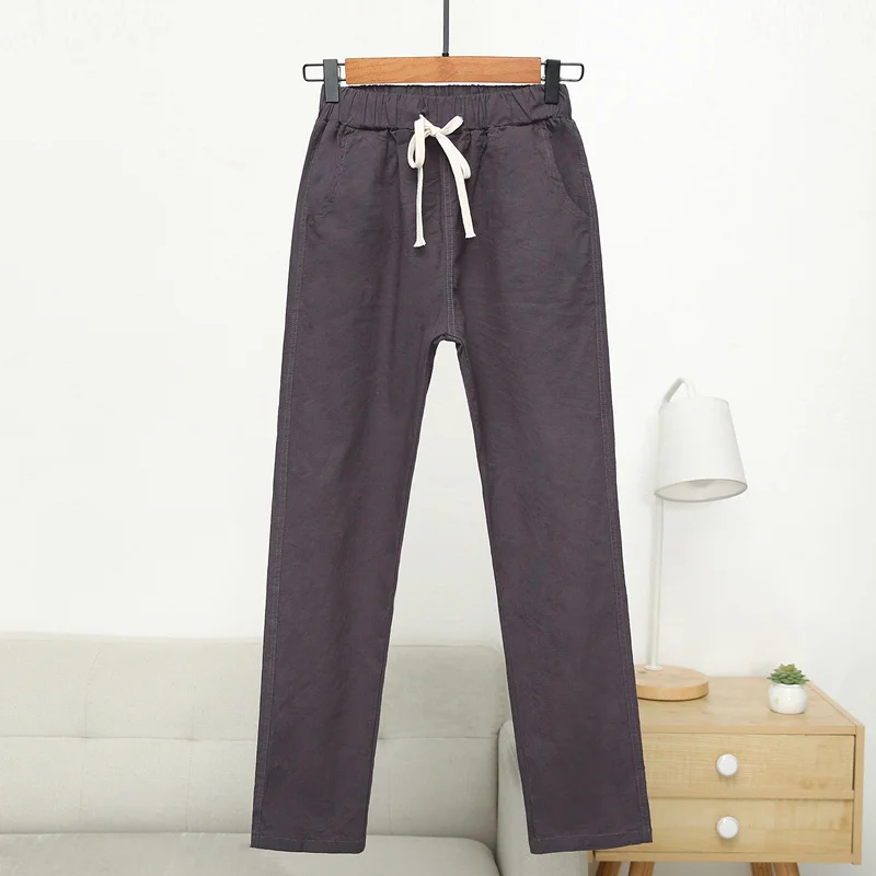 

Summer Cotton linen Women's Nine points Harem pants Loose Elastic waist Ladies Casual Pants Candy color Cotton Female Trousers