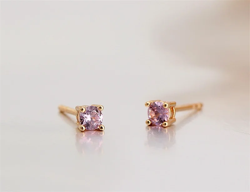 Милый желтое золото Цвет Четыре коготь круглый розовый cz мини небольшой Серьги