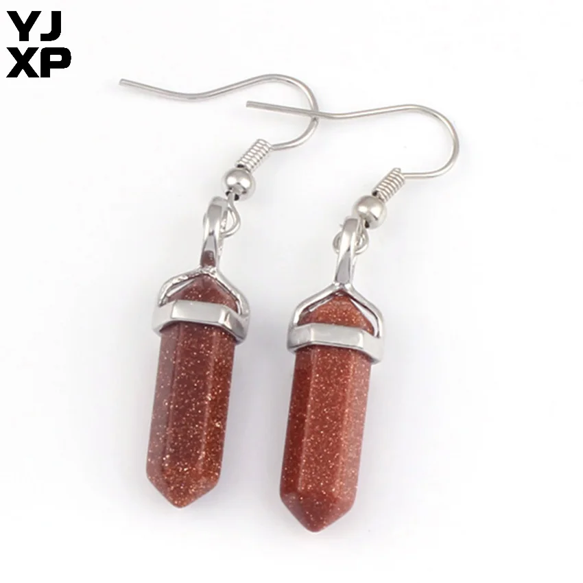 gold sand stone YJXP посеребренные шестиугольная Призма кристалл натурального кварца Малахитовый Камень Висячие серьги для подарка Женская мода Шарм ювелирные изделия - Окраска металла: gold sand stone