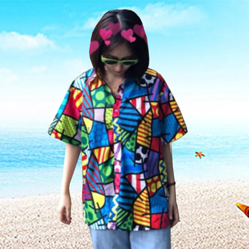 Loneyshow Turn-Down Collar Blouse Women Print Casual Ladies Short Sleeve Hawaii Tribal Holiday Beach Shirt |
