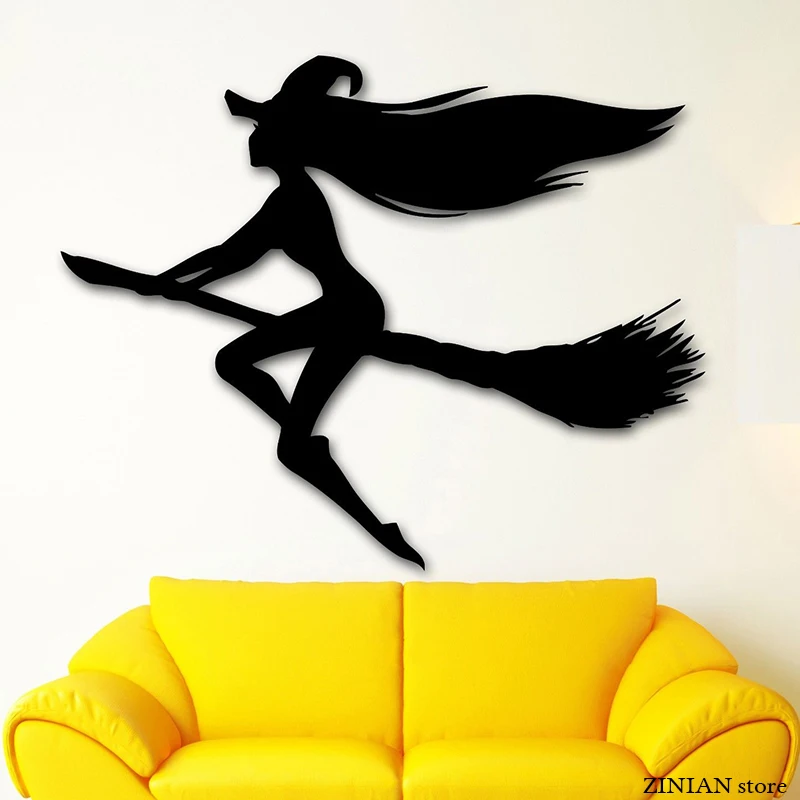 

Hot Sexy Girl Halloween Witch's Broom Wall Decals Interior Wall Decorative Stickers Sexy Women Wall Decal Home Decoration H050