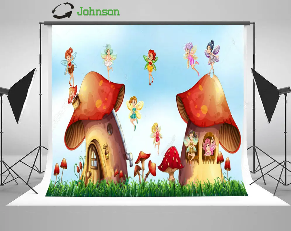 

Fairies Mushroom Mushrooms Houses Grass backdrop polyester or Vinyl cloth High quality Computer print wall Background