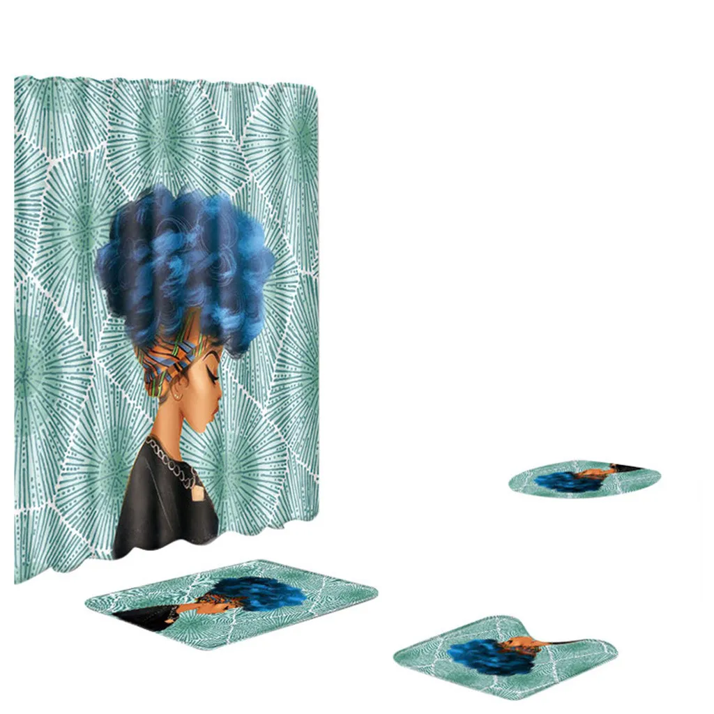 Ouneed 4PCS set Creative african girls prints Bathroom Shower Curtains set Non Slip pattern Toilet Shower curtains Cover Mat set