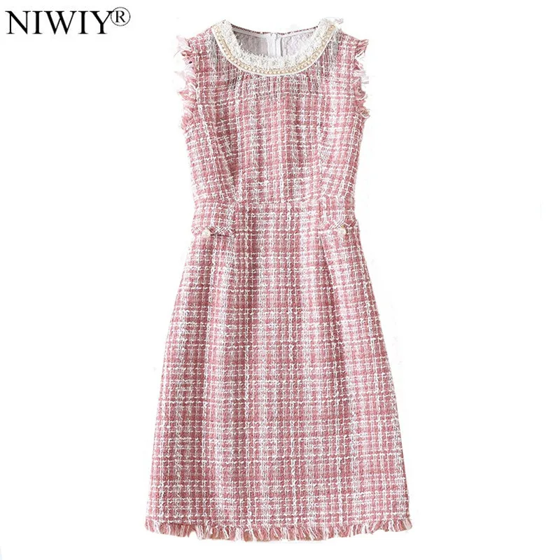 

NIWIY Brand Dress Women Gothic Pink Diamonds Bead Party Dress Vestidos Verano 2021 Spring Tweed Women Dresses Robe Femme N9417