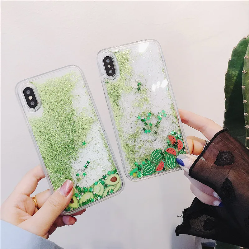 Fashion Liquid Avocado Watermelon Cactus Phone Cases For iPhone 6 6s 7 8 Plus X XS XR XSMAX Dynamic Quicksand Back Cover Capa | Мобильные