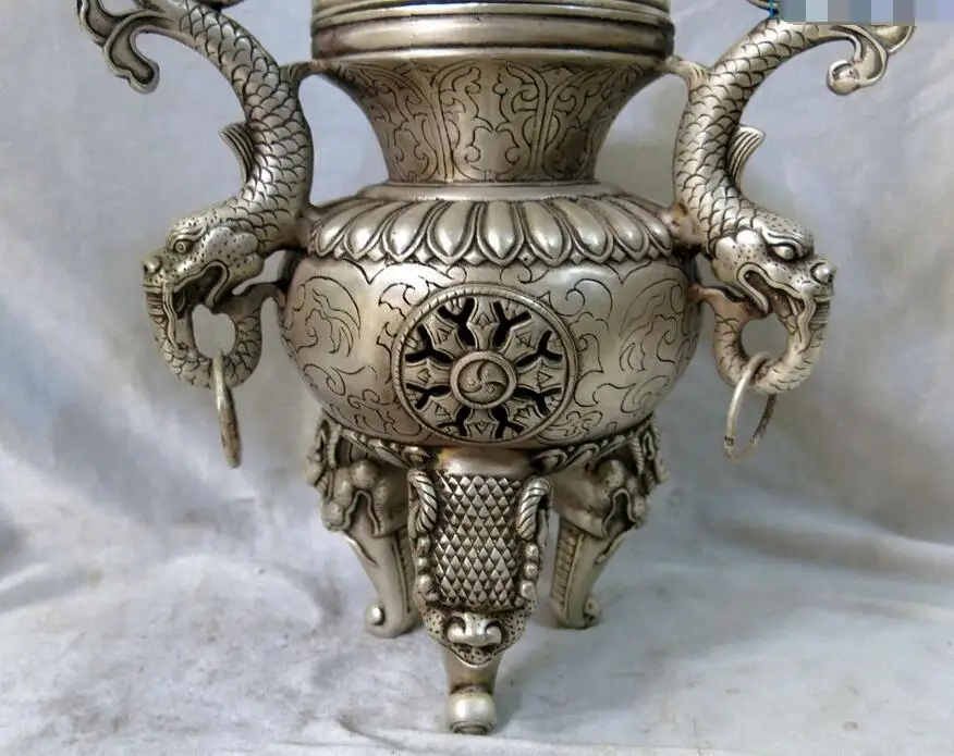 Fine silver censer China carved lucky two Dragon sculpture incense burner Statue | Дом и сад