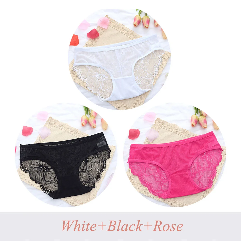 WhiteBlackRose 3 шт., сексуальные кружевные трусики, женские прозрачные трусы с низкой посадкой, дамское нижнее белье, трусы большого размера, нижнее белье, трусики - Цвет: WhiteBlackRose