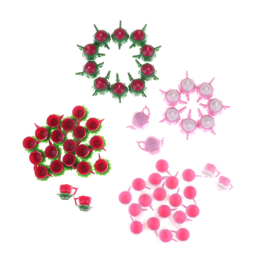 

10 Sets Classic Doll Toy Plastic Pink Tea Pot with 2 Cups Tableware Toys Kitchen Accessory Dollhouse Miniature