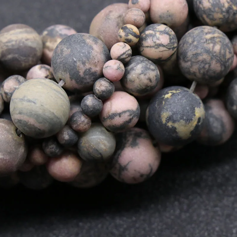 

Round Loose Frosted Natural Black Line Rhodonite Stone Beads For Jewelry Making 4/6/8/10/12MM Dull Polish Stone Beads DIY