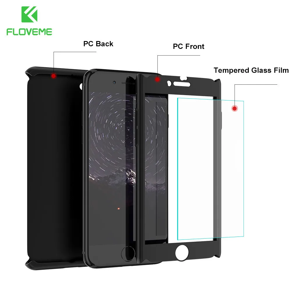 FLOVEME With Tempered Glass Film Case For iPhone 6 6s 7 Plus 3 In 1 Hybrid Hard Armor Full Cover Coque |