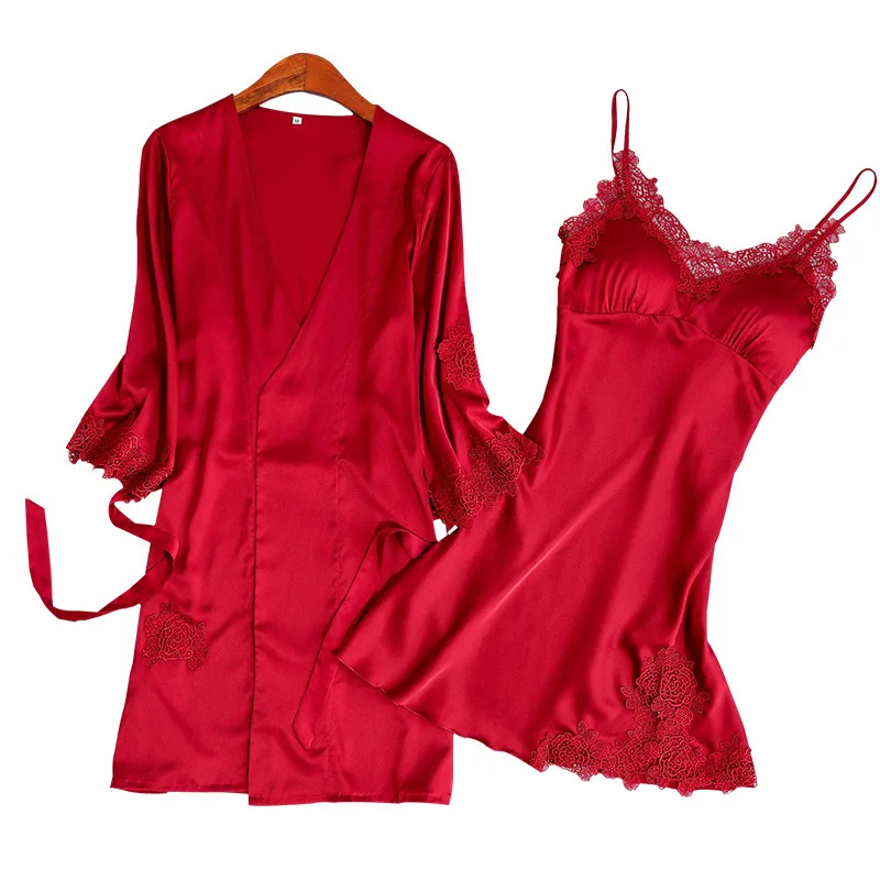 

Satin Sleepwear Robe Gown Set Femme Spring Bathrobe Peignoir 2 Pieces Pajamas Silk Sexy Elegant Feminino Pijama Home Clothing