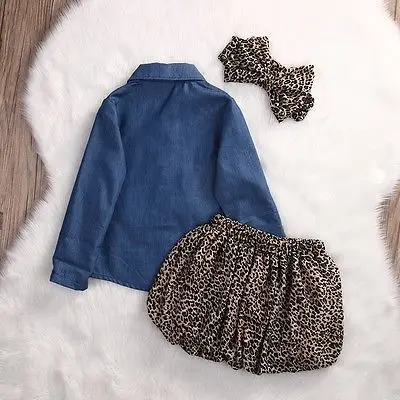 3PCS Set ! 2017 Spring Autumn Cute Baby Girls Clothes Toddler Kids Denim Tops+Leopard Culotte Skirt Children Girl Clothing | Детская