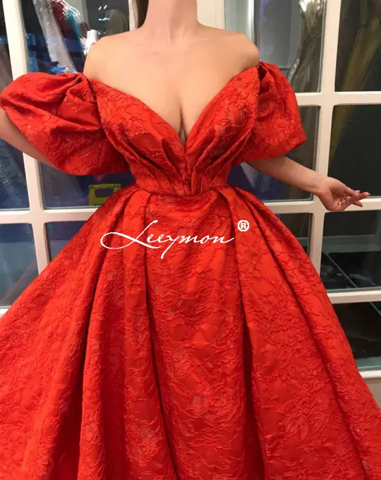Leeymon Красное Жаккардовое вечернее платье с открытыми плечами пышными рукавами