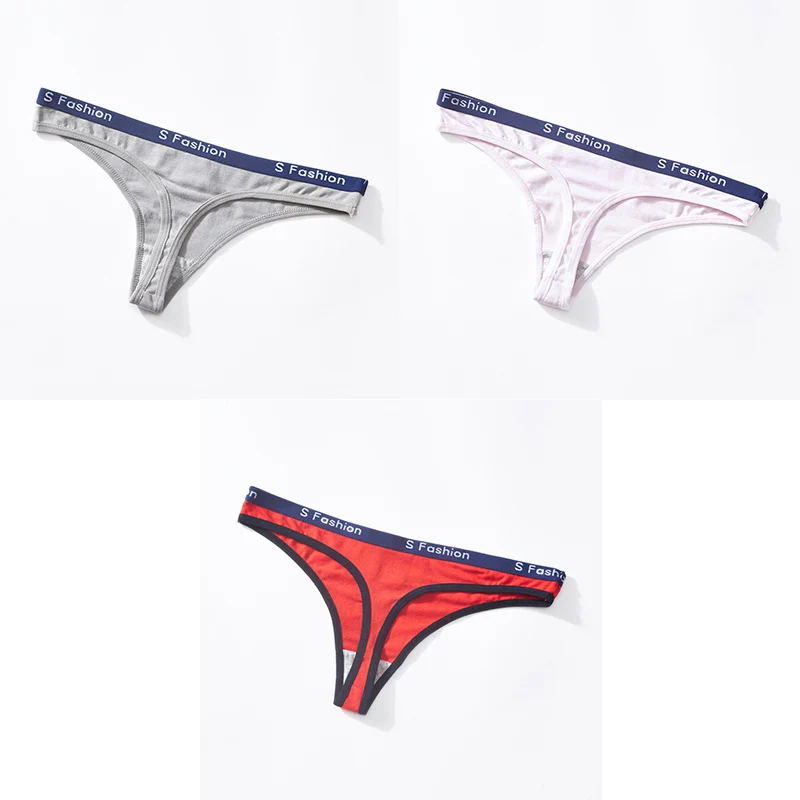 grey pink red Трусики для женщин, сексуальные хлопковые стринги, стринги с низкой талией, женские трусики, 3 шт., женские Т-образные спортивные хлопковые стринги, нижнее белье BANNIROU - Цвет: grey pink red