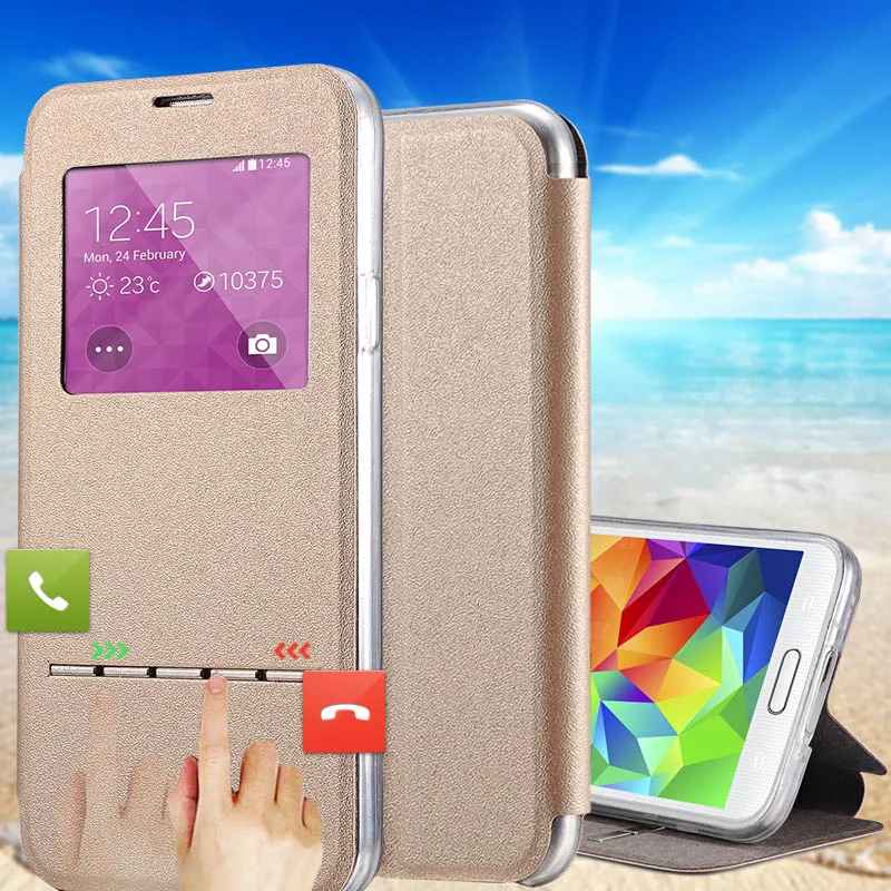 Скользнул ответ Флип кожаный чехол для samsung Galaxy S5 i9600 Neo окном View Корпус Coque крышка