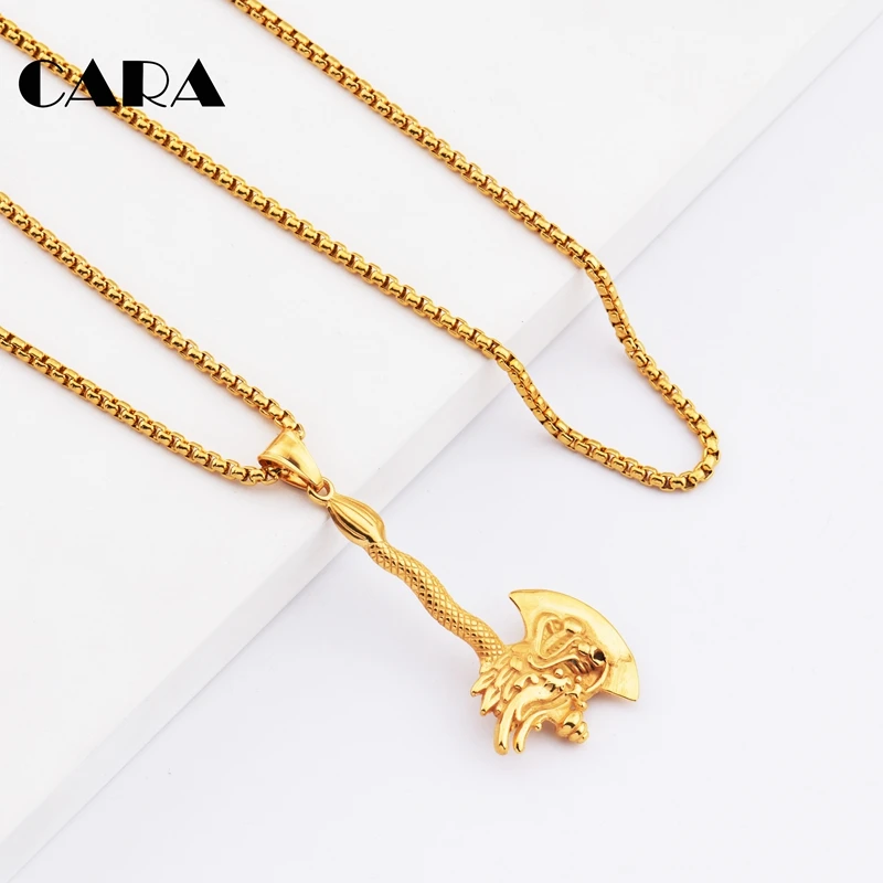 CARA New 3color Vintage Jewelry Stainless Steel Titanium Color Dragon axe Necklace Pendant long chain punk necklace men CAGF0259 | Украшения