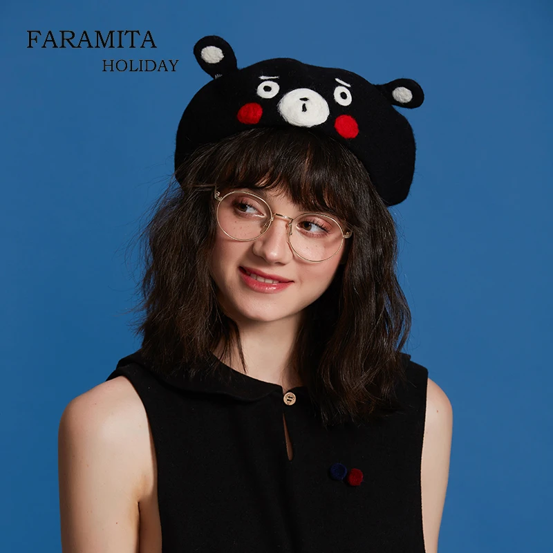 

Faramita Holiday Kumamon Cartoon Cute Bear Women Girls Boys Beret Faux Faux Rabbit Fur Berets Hats Casual Solid Autumn Caps