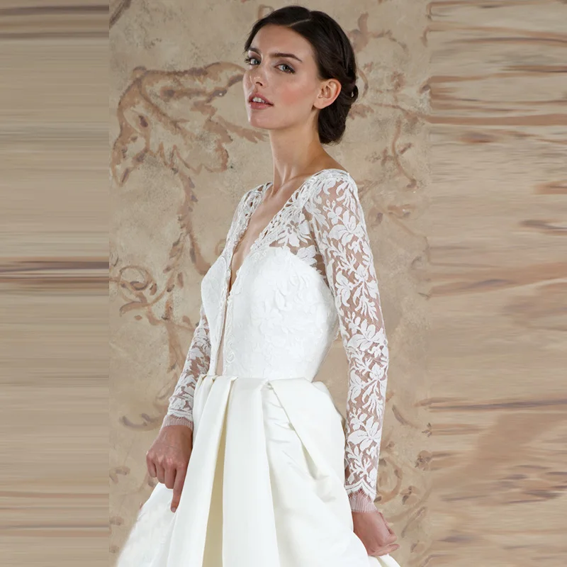 Sexy Design Satin V Neck Low Cut Backless Full Sleeves Custom Made A Line Bridal Wedding Gown 2016 Wholesale Online Dress | Свадьбы и