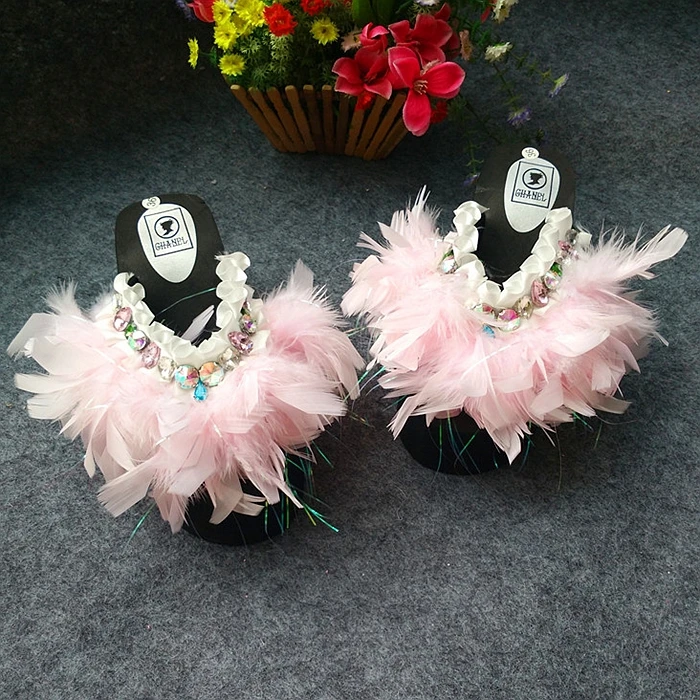 2015 New Crystal Rhinestone Feather Slippers Sandals Flip Plush Muffin Chunky Princess Shoes | Обувь