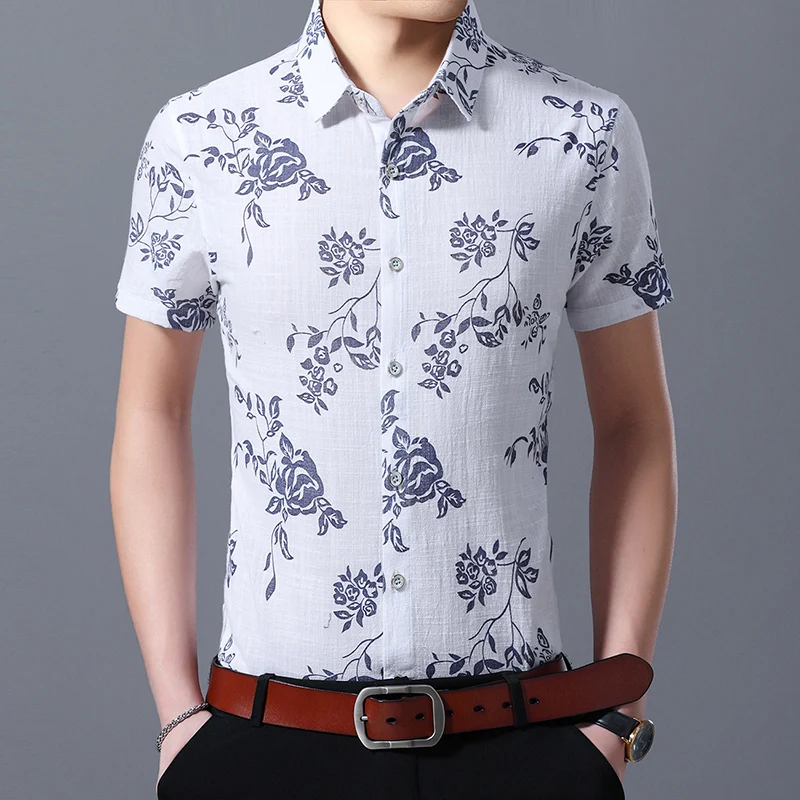 

Summer Cotton Mens Shirt Short-sleeved Comfortable and Breathable Men Leisure Shirt 2019 New Fashion Flower Shirts Man Large 7XL