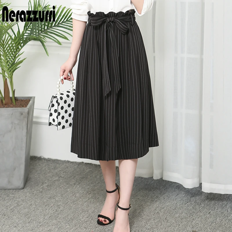 

Nerazzurri Black and White Striped Pleated Midi Skirt Women Sashes Summer Elegant High Waist High Quality Office Skirt for Women