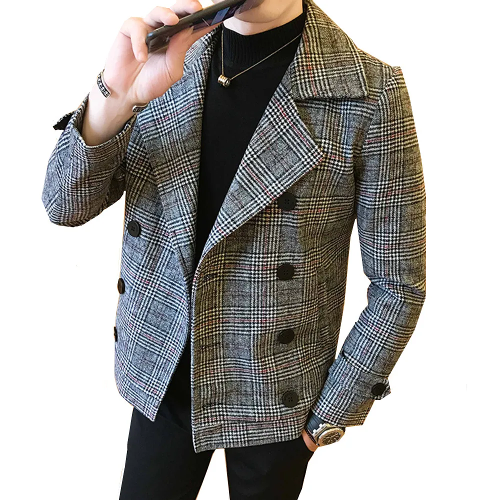 

2019 Paragraph Warn Slim Jacket Men's Autumn Winter New British Style Trendy Lattice Thicker Double Breasted Woolen Coat Short