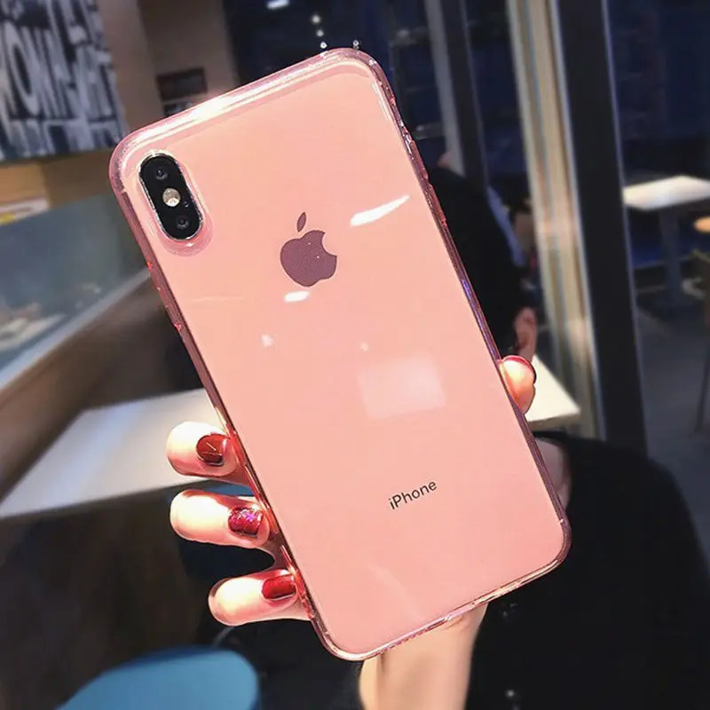 Pink Однотонный антидетонационный Прозрачный чехол для телефона ярких цветов для iPhone 11 X XS 6 6S 7 8 Plus, мягкий цветной защитный чехол из ТПУ - Цвет: Pink