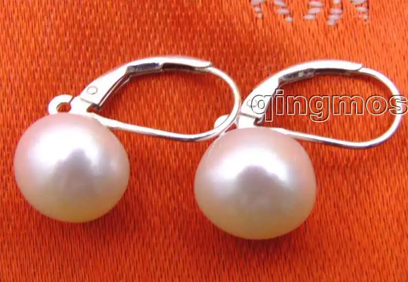 

SALE Big 13-14mm white natural flat round pearl with Stering Silver 925 leverback Earring-ear370 wholesale/retail Free shipping