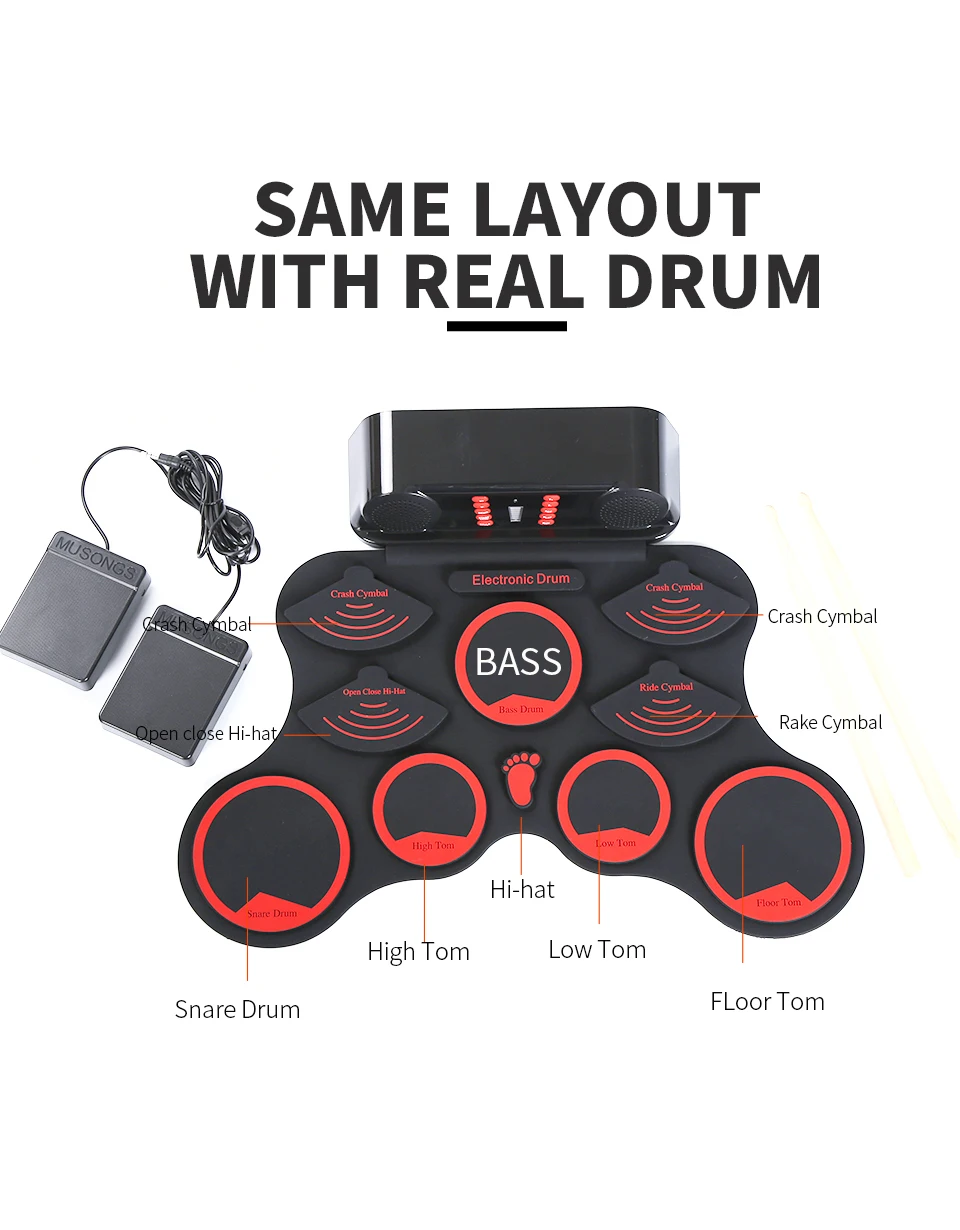 9 point Silicon drum Pads Portable Electronic Roll Up Drum Set With Sticks Foot Pedals For Kids Adults Beginner music instrument