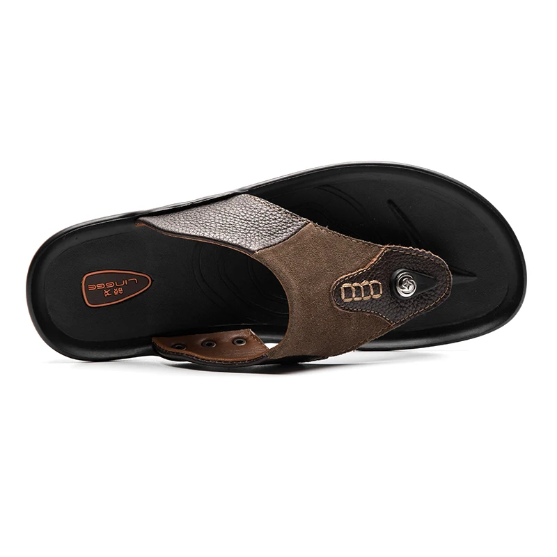 LINGGE New Arrival Brand Men's Flap Flops Genuine Leather Men Slippers Summer Beach Walking Rivet Shoes Size 38-44 | Обувь
