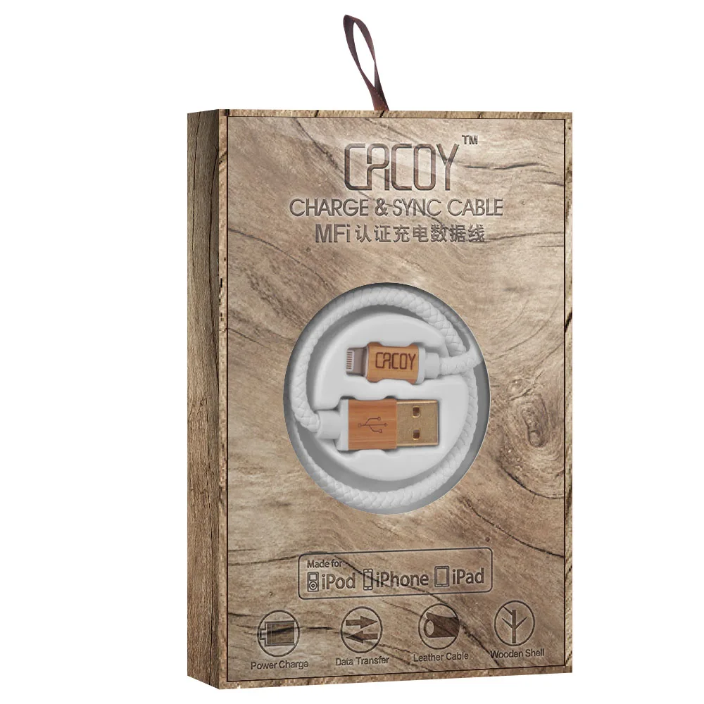 MFi Сертифицированный 30 см короткий USB кожаный кабель с деревянным разъемом для
