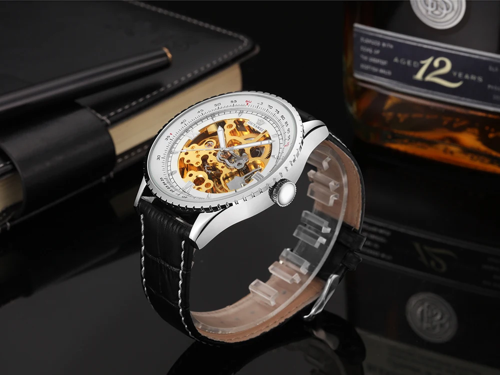 Роскошные автоматические механические черные мужские наручные часы скелетоны