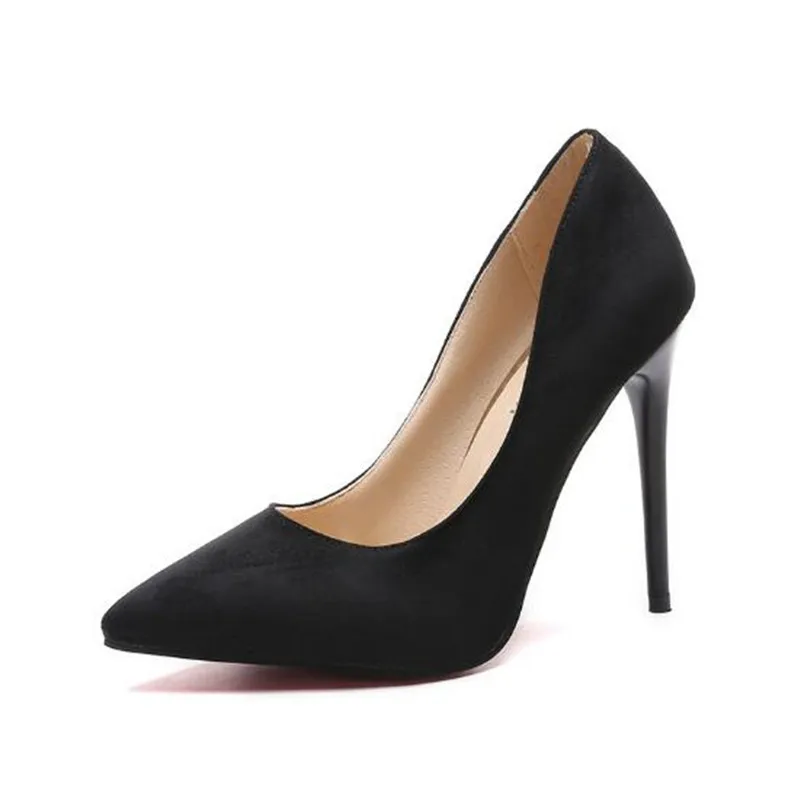 Black suede Туфли-лодочки большого размера 44; женская обувь; красные флоковые неглубокие Свадебные вечерние туфли-лодочки на высоком каблуке с острым носком без застежки; chaussures femme; - Цвет: Black suede