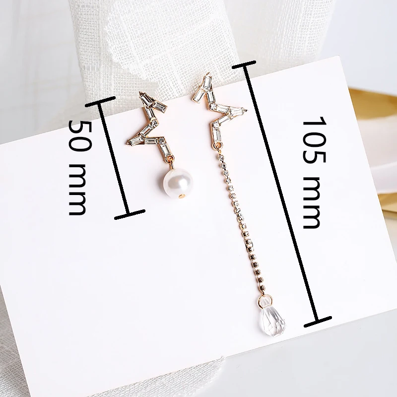 JZTOP Star Crystal Stud Earrings Imitation Pearl Rhinestone Five Pointed Asymmetrical For Woman Oorbellen Jewelry | Украшения и