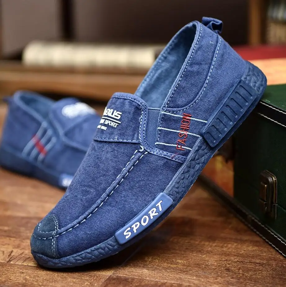 Мужская дышащая повседневная обувь; zapatillas hombre; Джинсовая парусиновая обувь; Модные слипоны на плоской подошве; лоферы; espadrilles; мужская обувь на мягкой подошве; sneakr - Цвет: blue