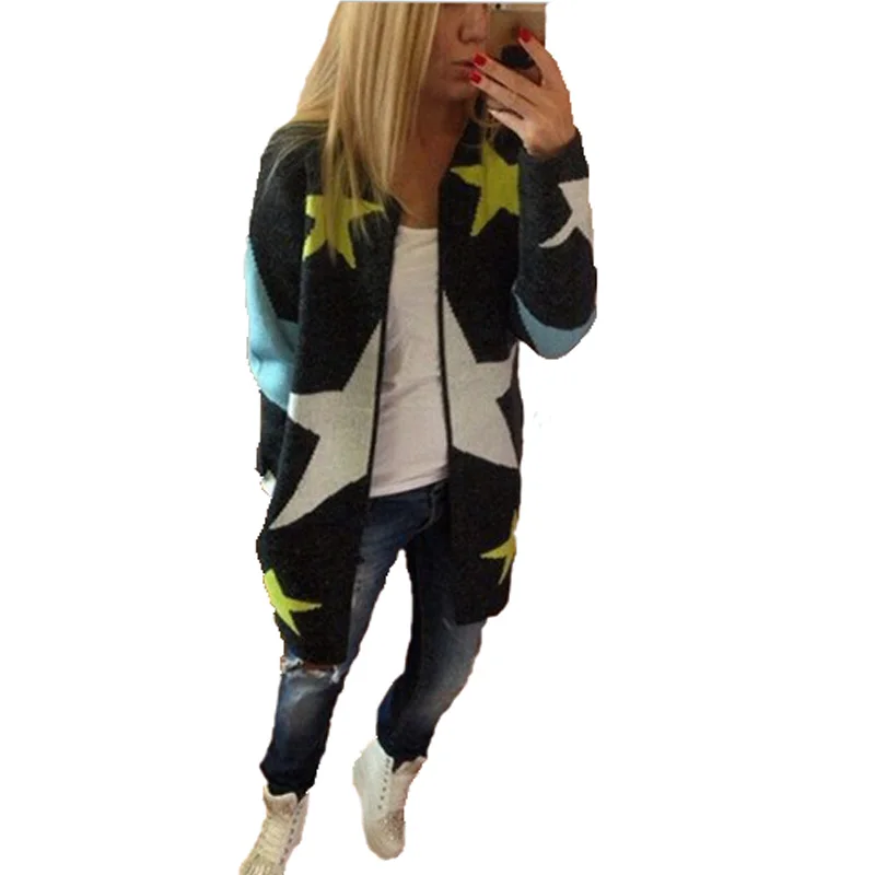 Five-pointed star pattern long section cardigan stars printed sweater knit women |