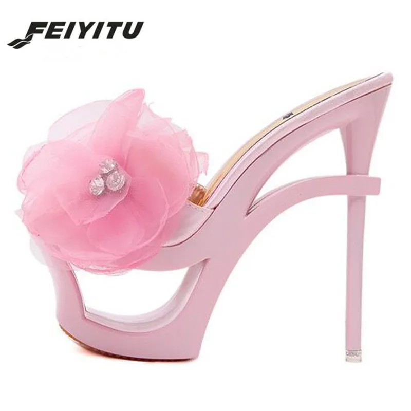 Женские шлепанцы на высоком каблуке 16 см FeiYiTu Клубные Босоножки платформе с