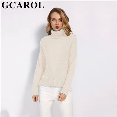 Beige Женский свитер-водолазка GCAROL, теплый вязаный джемпер с разрезами по бокам, 7 цветов, пуловер большого размера со спущенными плечами на осень и зиму - Цвет: Beige