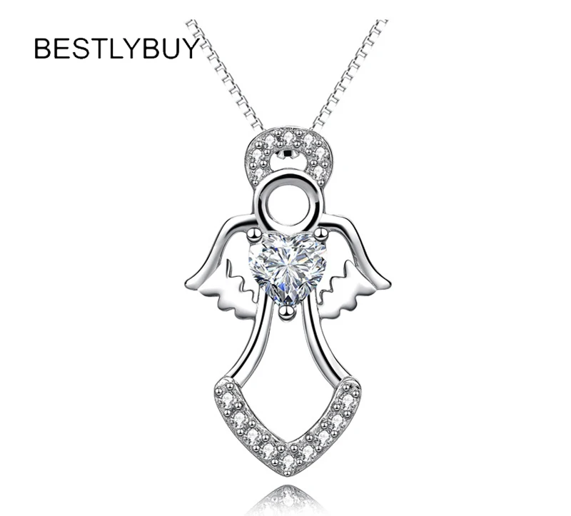 

BESTLYBUY Genuine 925 Sterling Silver Angel Wings Pendant Necklace For Women Girl Fine Jewelry Gift Free Shipping