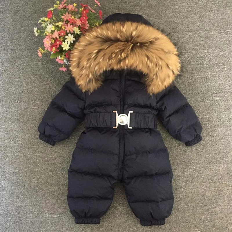 dark blue Детская одежда для малышей зимние комбинезоны для мальчиков и девочек комбинезоны на утином пуху, комбинезон с воротником из натурального меха, Детская верхняя одежда детский зимний комбинезон - Цвет: dark blue