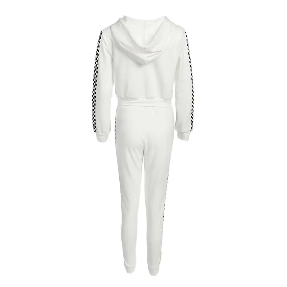 

1set Suit Women Yoga Fitness Casual Sportswear Black&White Plaid Tie Belt Pants&zipper Hooded Sweatshirt Sports Hoodie Suit