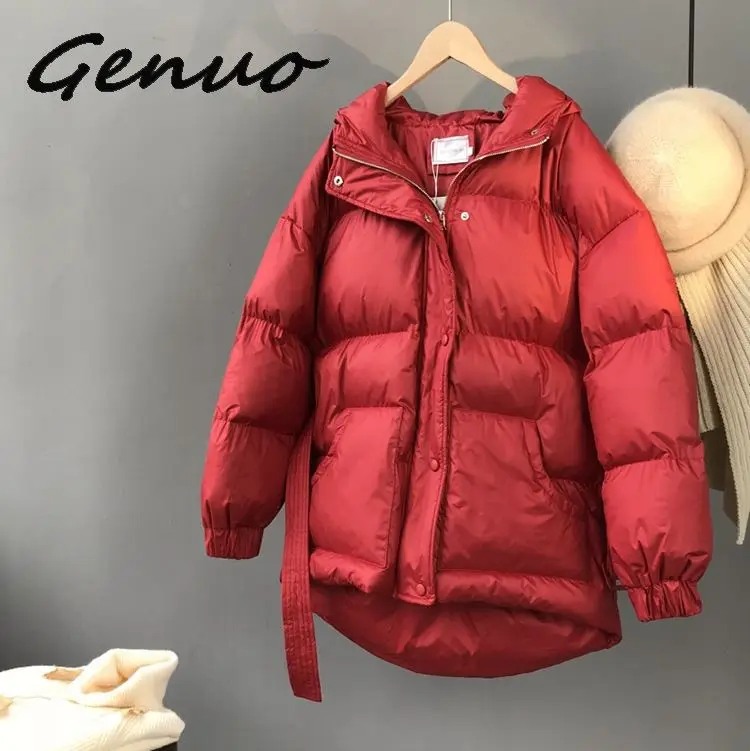 Genuo New Three Color Solid Women Parkas Hooded Zipper Single Breasted Coat Winter Thick Korean Fashion Sashes Jacket
