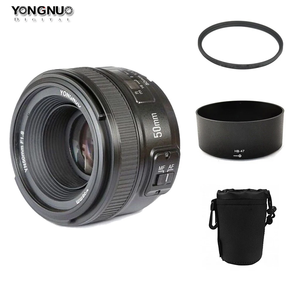 YONGNUO YN 50 мм YN50mm f/1,8 AF объектив+ бленда объектива+ 58 мм УФ-фильтр+ Чехол Набор Автофокус для камер Nikon AF-S 50 мм 1,8 г