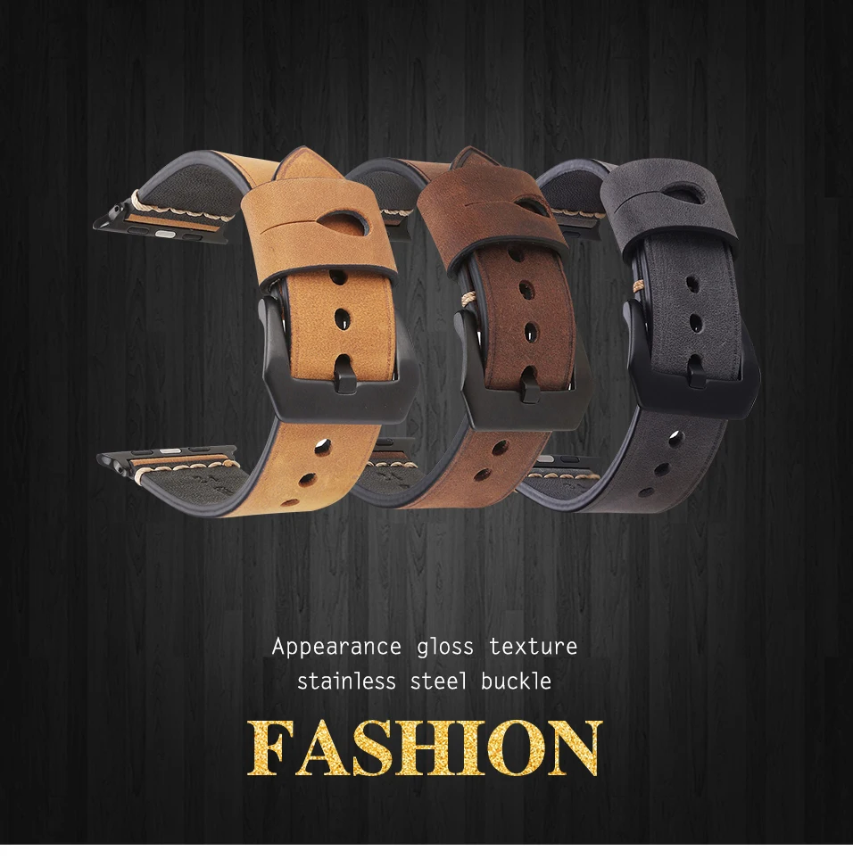 BEAFIRY For Apple watch iwatch Watch Band Straps 42mm Genuine Crazy Horse Calfskin Leather Dark Brown Light Brown Grey