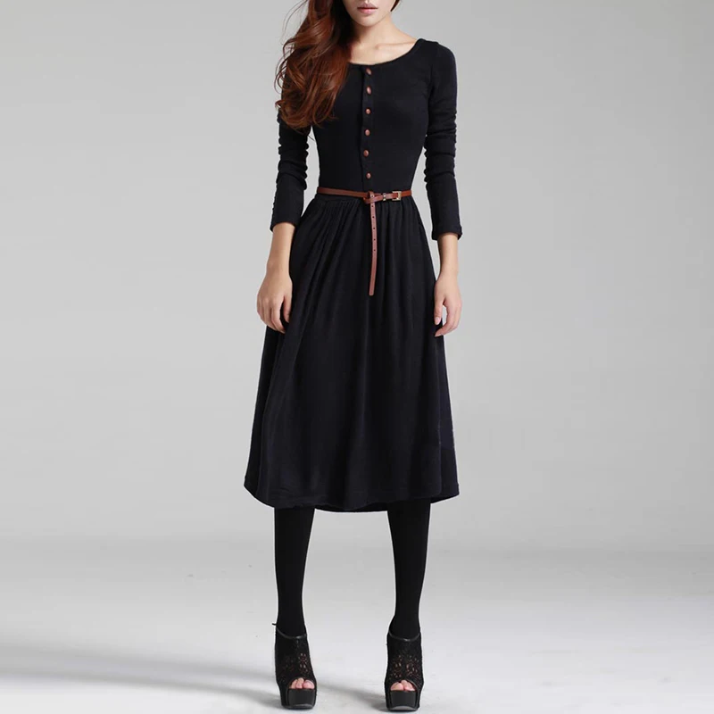 2018 Новый осень-зима длинное платье Для женщин с длинным рукавом вязаный Кнопка
