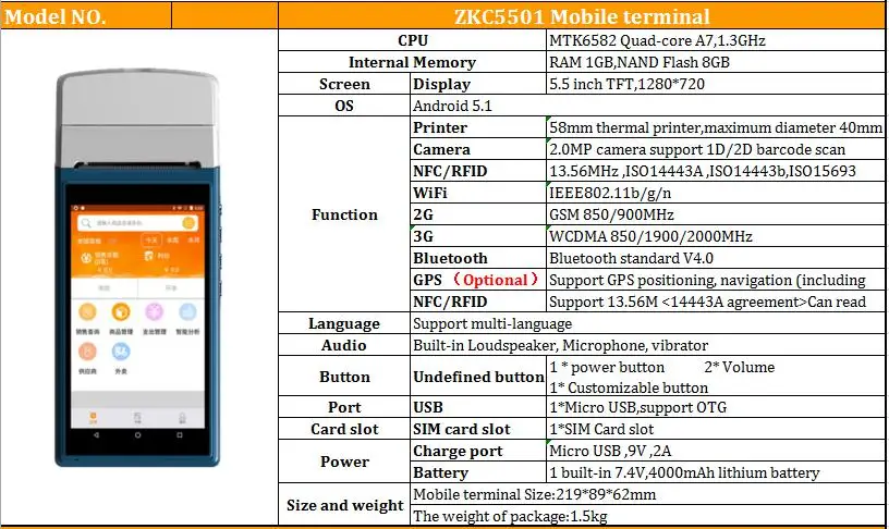 ZKC5501 Мини Портативный беспроводной bluetooth Термальный чековый принтер pos Поддержка точка продажи loyverse программное обеспечение pos