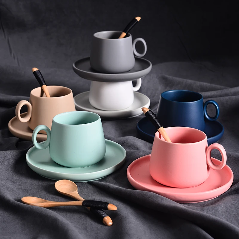 

Nordic Ceramic Coffee Cup Simple Six-color Coffee Cup Set with Saucer and Spoon Home Office Cafe Fun Gifts Dropshipping