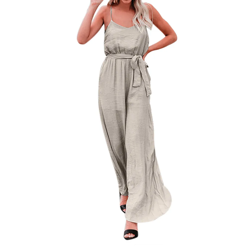 Free Ostrich Plunge Neck Belted Culotte Jumpsuit Women Deep V Neck Sexy Jumpsuit Clothes New Sleeveless Knot Summer Jumpsuit